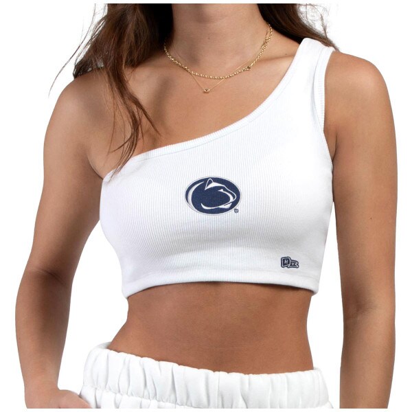 model wearing women's white senior top with Penn State Athletic Logo